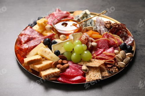 Preview: Plate of different appetizers with honey on grey table, closeup