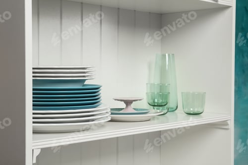 Preview: White shelving unit with set of dishware near wall
