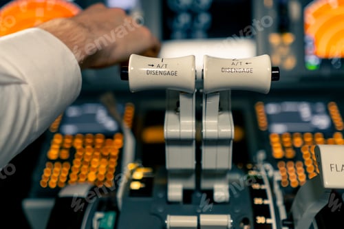 Preview: thrust lever in the cockpit of an airplane a close-up view of flight on an aircraft simulator