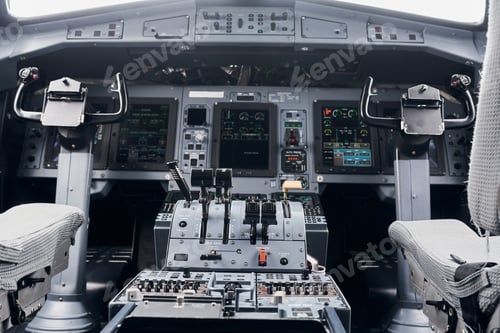 Preview: Knobs and buttons. Close up focused view of airplane cockpit