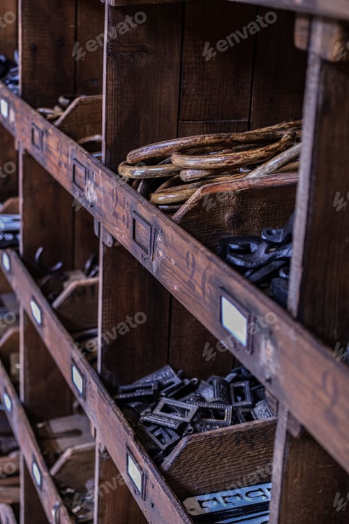 Preview: Shelves Bins full of fixtures and hardware for decoration and vintage home restoration
