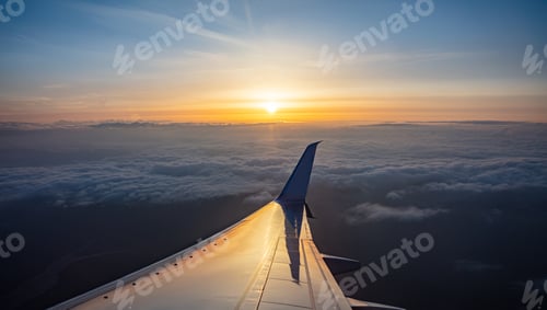 Preview: Sunrise view out of an airplane window. Plane flying over the clouds.