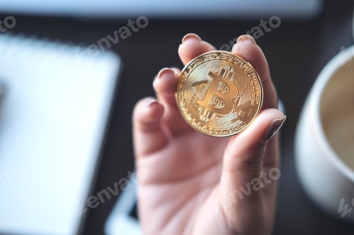 Preview: a business woman holding a golden color bitcoin