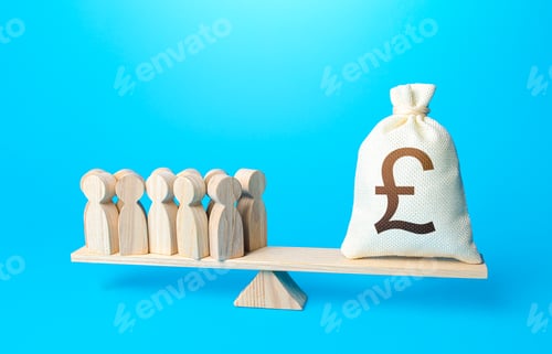Preview: Group of people and british pounds sterling money bag on weight scales.