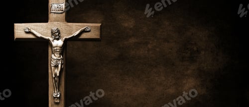 Preview: Wooden crucifix with Jesus Christ's body on it on a brown wall