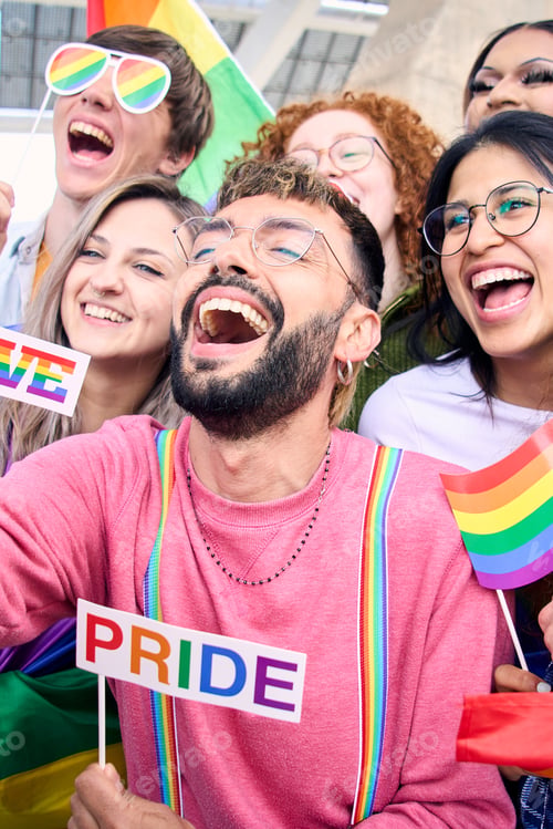 Preview: Group happy young people taking funny selfie social media celebrating gay pride festival day.