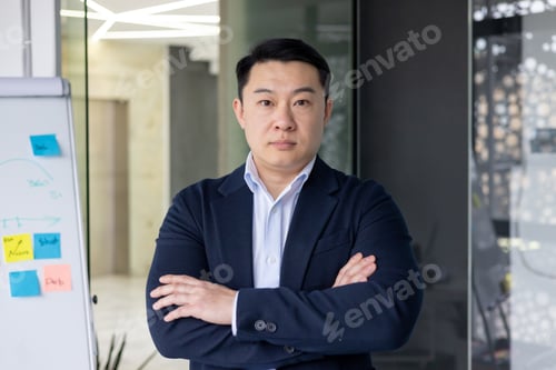 Preview: Confident asian businessman in office setting with arms crossed near whiteboard, showcasing