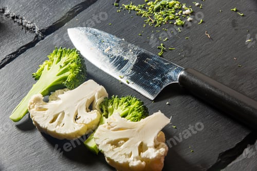 Preview: Closeup of broccoli and cauliflower cut in half with knife on a cutting board