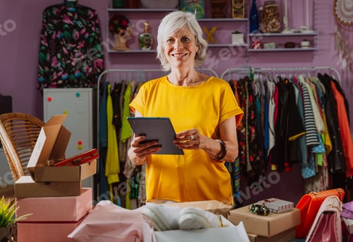 Preview: Senior woman selling clothes and accessories online.