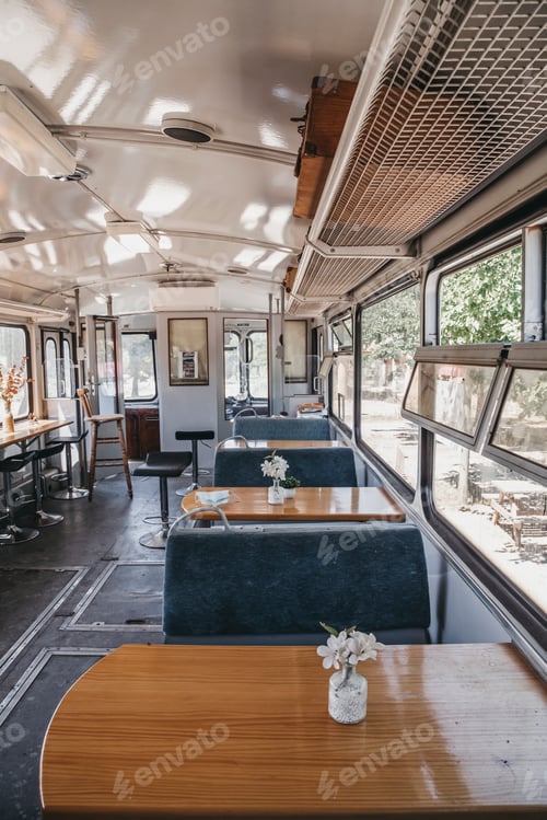 Preview: The tables of an old train transformed into a restaurant