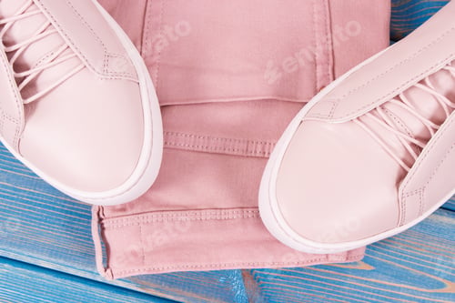 Preview: Leather shoes and pants for woman on old boards