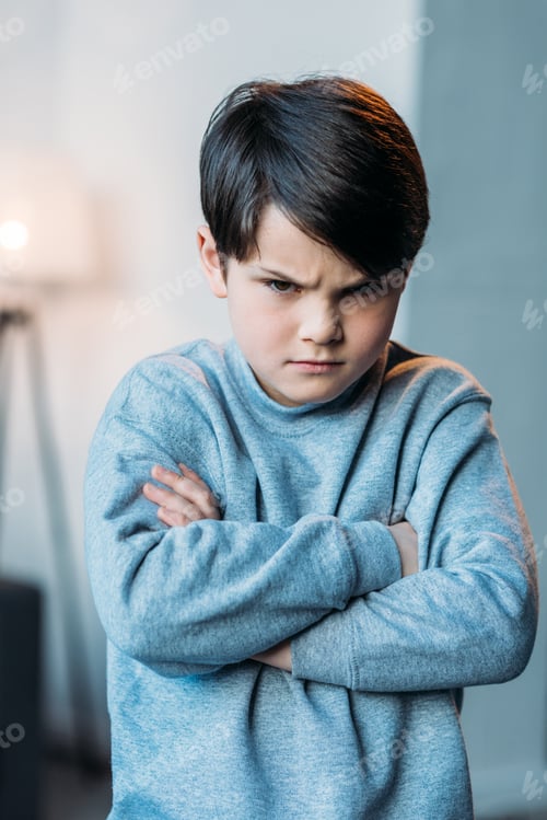 Preview: portrait of offended boy with crossed arms looking at camera at home