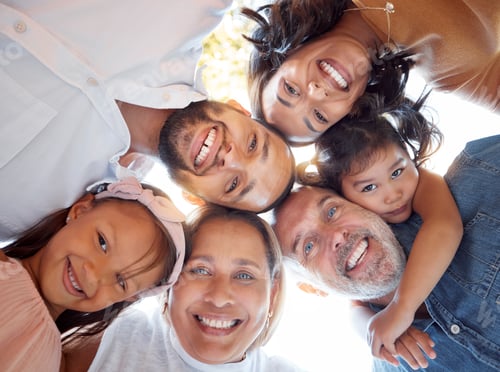 Preview: Happy, big family and portrait smile below for fun quality bonding together in the outdoors. Mother