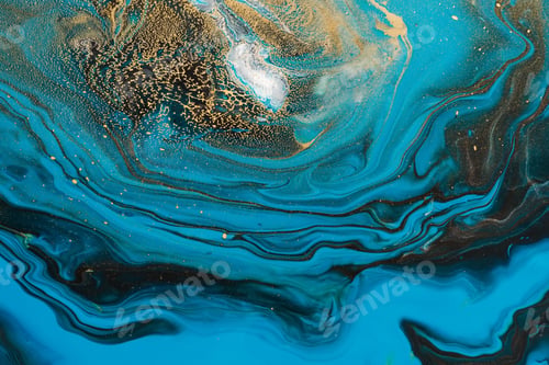 Preview: Acrylic Fluid Art. Blue sapphire waves and gold grid inclusion. Abstract marble background