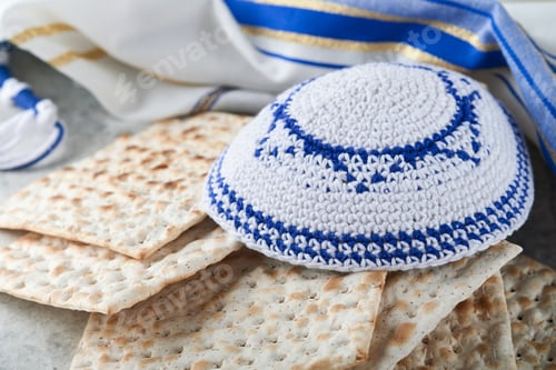 Preview: Passover celebration concept. Matzah, red kosher and walnut. Traditional ritual Jewish bread matzah,