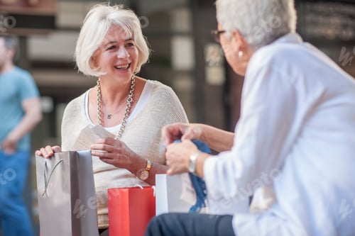 Preview: Mature women looking in shopping bags at shopping mall