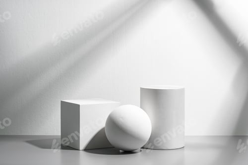 Preview: Abstract composition featuring three white geometric shapes in a minimalist interior setting