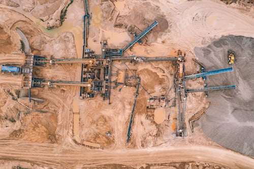 Preview: Aerial top view of open pit development and sand extraction. Mining industry Reserves