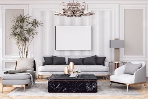 Preview: mock up poster frame in modern interior fully furnished rooms background, living room,
