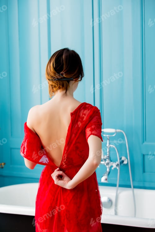 Preview: young woman near bath