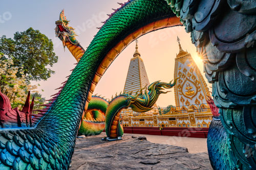 Preview: Rainbow carve serpent or colorful Thai Naga surrounding Sri Maha Pho Chedi stupa in the sunset