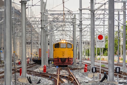 Preview: Train or tram on railway in urban city in public transportation. Vehicle