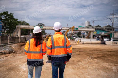 Preview: Engineers Surveyor wearing safety uniform ,helmet with equipment theodolite to measurement positioni