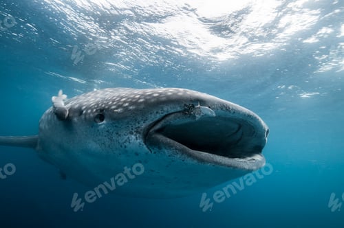 Preview: Underwater front view of whale shark feeding, mouth open, Isla Mujeres, Mexico