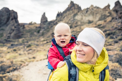 Preview: Young mother with little boy travelling in backpack
