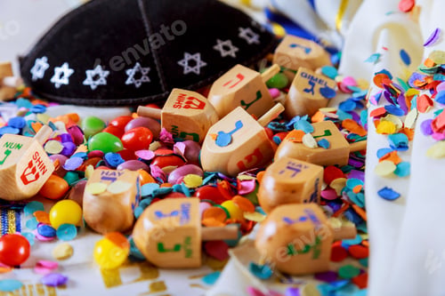 Preview: Jewish holiday Dreidel A still life composed of elements of the Jewish Chanukah Hanukkah festival.