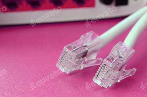 Preview: Internet router and Internet cable plugs lie on a bright pink background