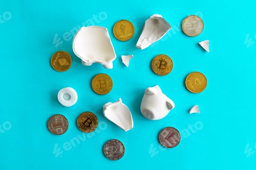 Preview: Cryptocurrency coins and broken piggy coin bank