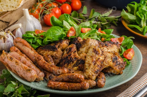 Preview: Grilled chicken wings and sausages