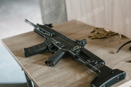 Preview: black rifle with bullets on wooden table in shooting range