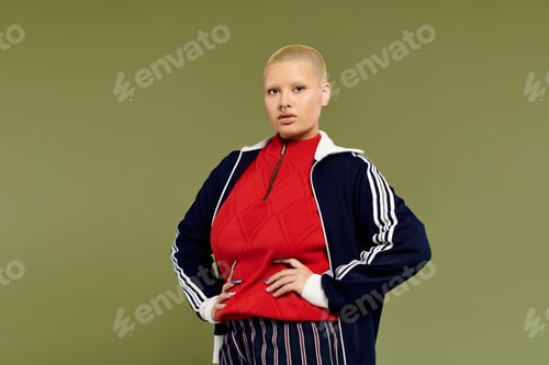 Preview: A confident young bald woman in vibrant attire poses with attitude against a green background