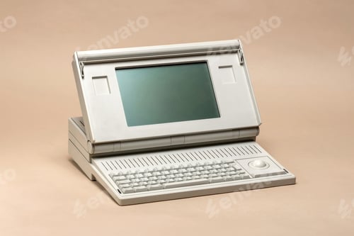 Preview: Vintage Portable Computer Displaying Blank Green Screen on Beige Background