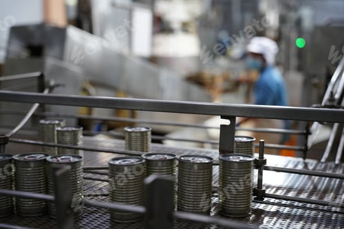 Preview: Cans are processed in a factory while workers oversee the production line for efficiency