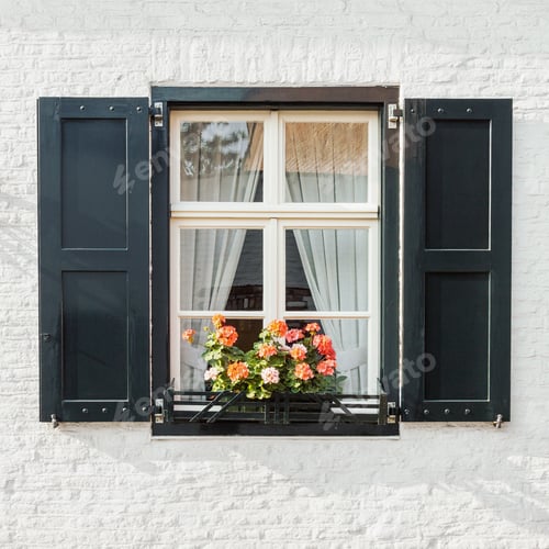 Preview: Window on white brick wall with shutters and blooming flowers pot, front view architectural detail