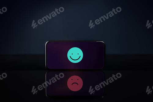 Preview: Customer Experiences or Mental Health Concept. Smiling Cartoon on Mobile Phone Reflect a Sadness