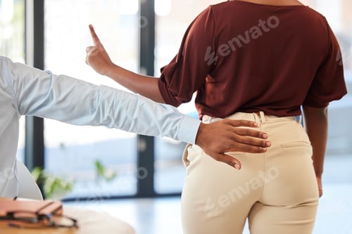 Preview: Corporate, sexual harassment and stop hand sign of a business woman and man in a office. Wrong busi