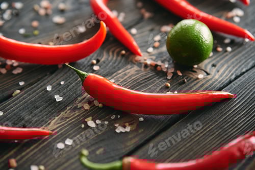 Preview: Red chili peppers and sea salt on dark wooden background closeup