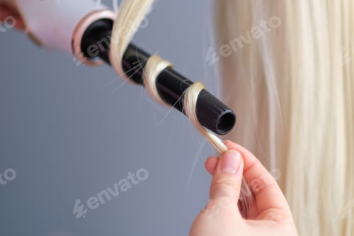 Preview: woman makes curls hairstyle with curling iron. Long light blond natural hair