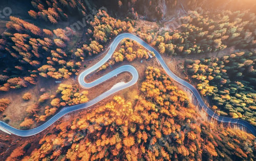 Preview: Winding road in autumn forest at sunset in mountains. Aerial vie