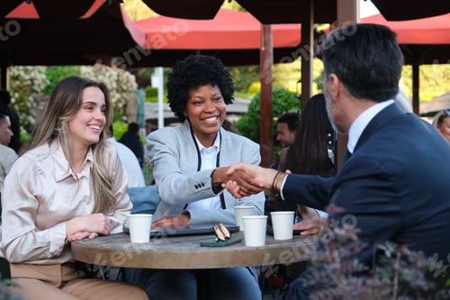 Preview: Businesspeople shaking hands during a meeting at outdoor cafe