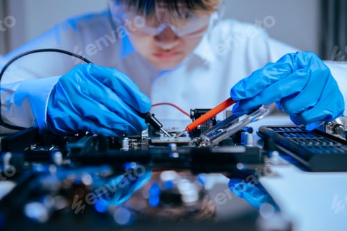 Preview: The technician is putting the CPU on the socket of the computer motherboard. electronic engineering