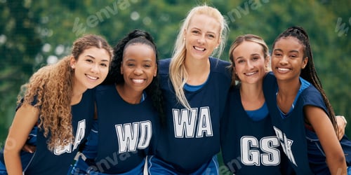 Preview: Sports, teamwork and netball with portrait of women for. training, health and friends. Summer worko