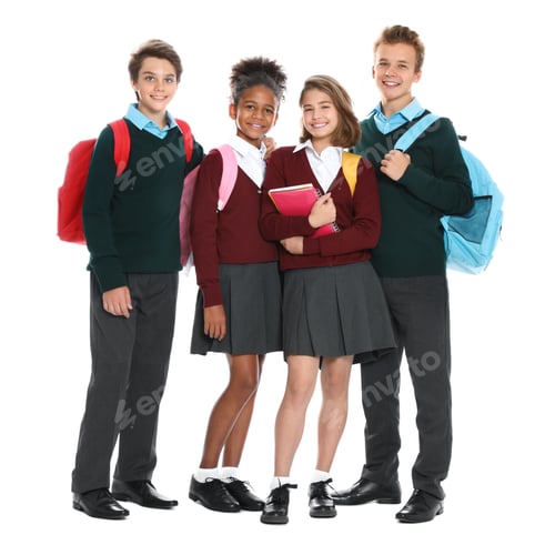Preview: Happy pupils in school uniform on white background