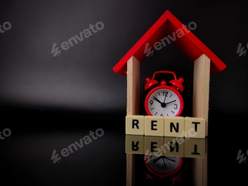 Preview: Wooden house and clock with word RENT on black background with reflection