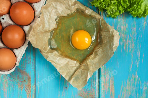 Preview: Eggs (White, Yolk, Eggshell). Top View. Copy Space