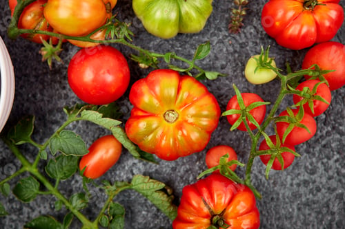 Preview: Mix of tomatoes background. Beautiful juicy organic red tomatoes